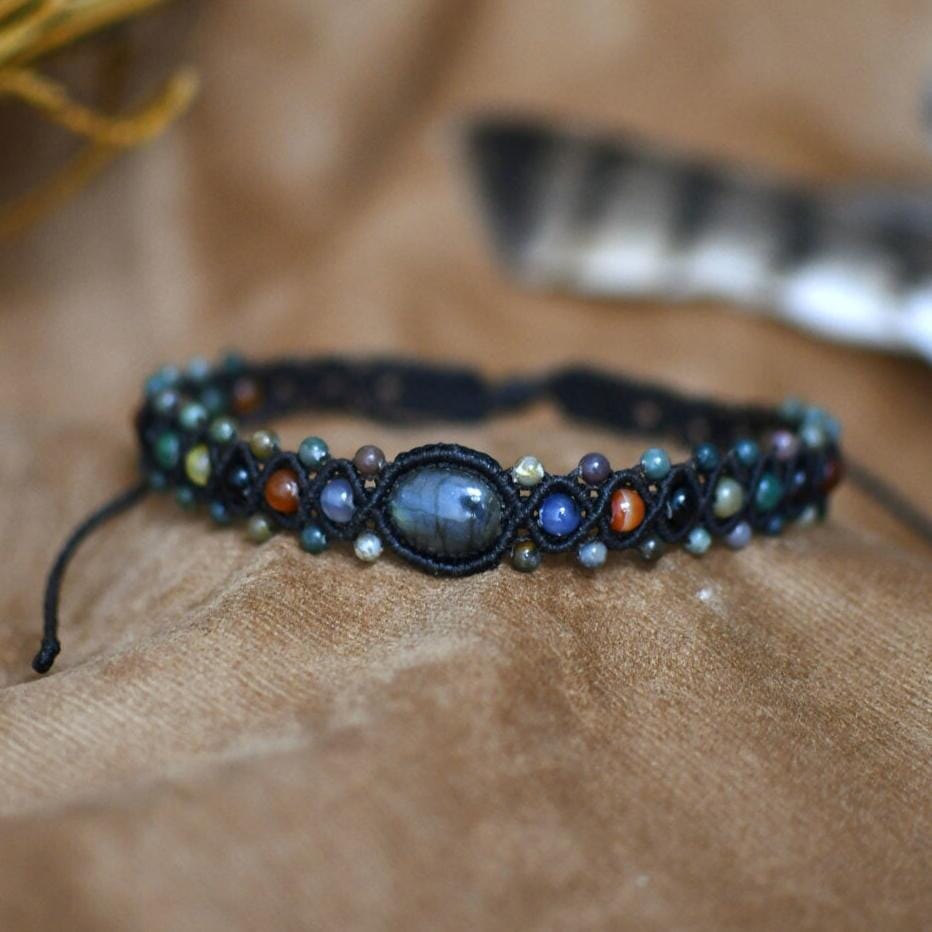 Blue Smoke Macrame choker necklace handmade beaded jewelry native american statement piece labradorite agate Mother Sierra close up