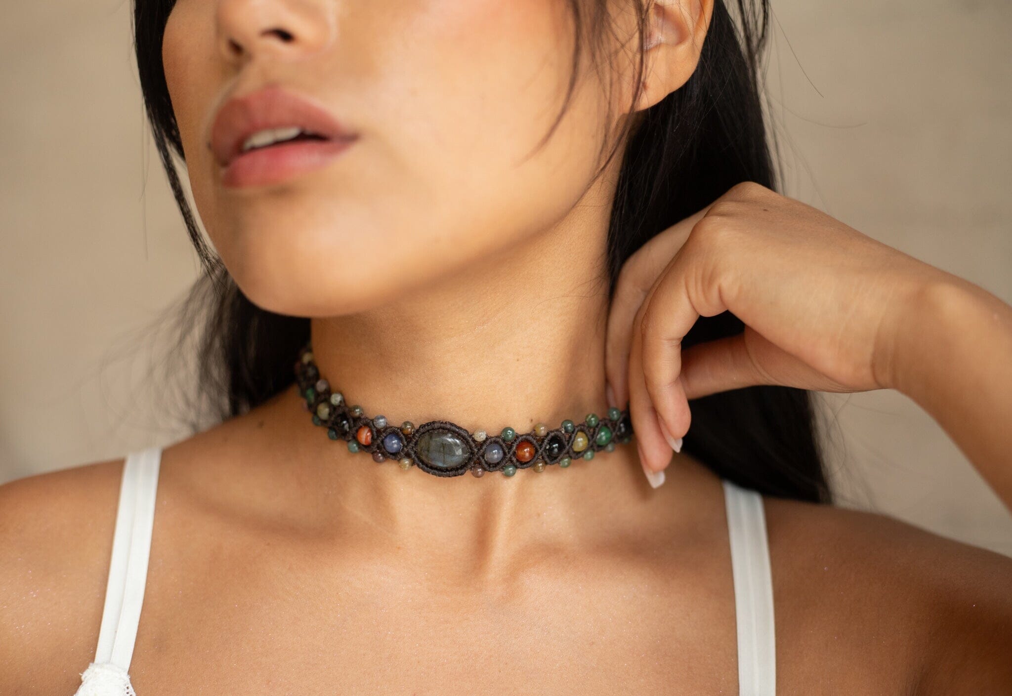 woman wearing Blue Smoke Macrame choker necklace handmade beaded jewelry native american statement piece labradorite agate Mother Sierra close up