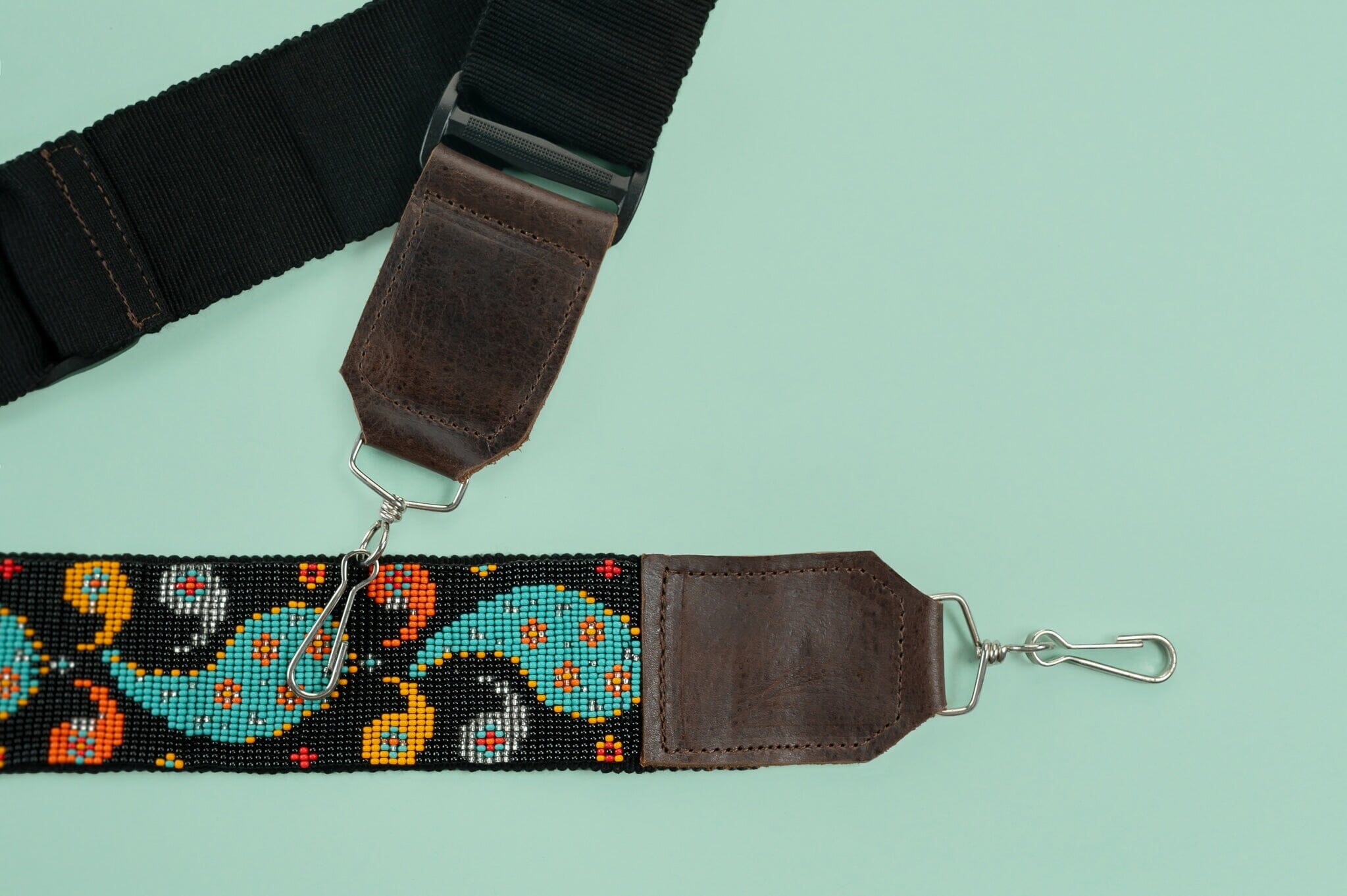 teardrops Camera & Purse Strap beaded mexican accessories black teal orange yellow paisley guatemala native american statement piece Mother Sierra 