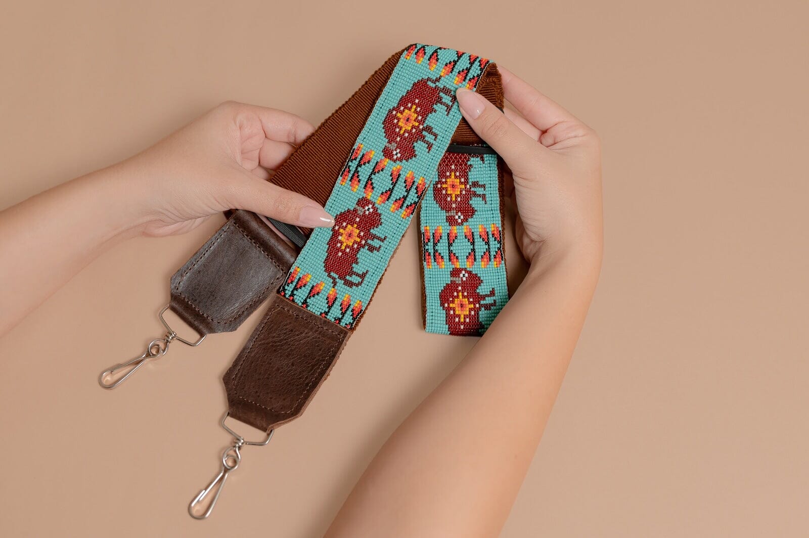 wild buffalo Camera & Purse Strap beaded mexican accessories brown teal orange black guatemala native american statement piece Mother Sierra 