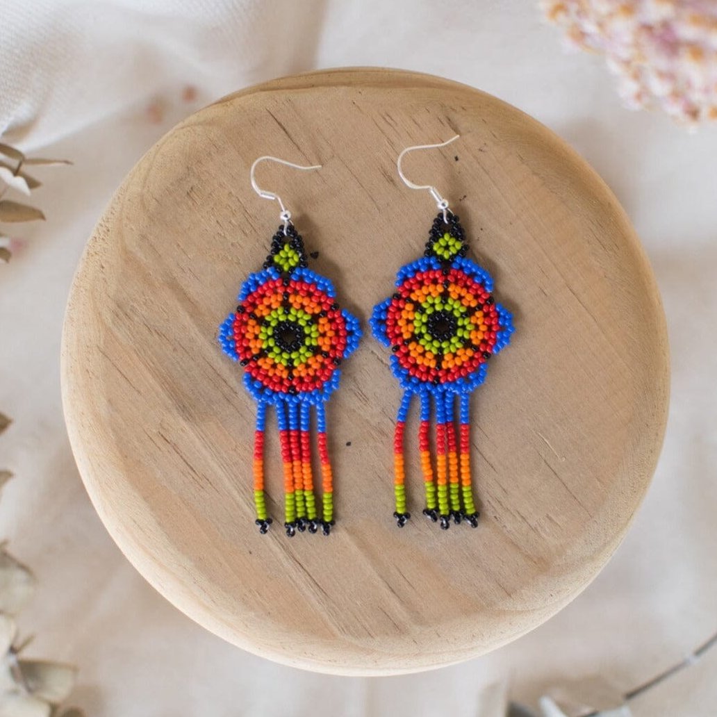 blue red green psychedelic beaded earrings