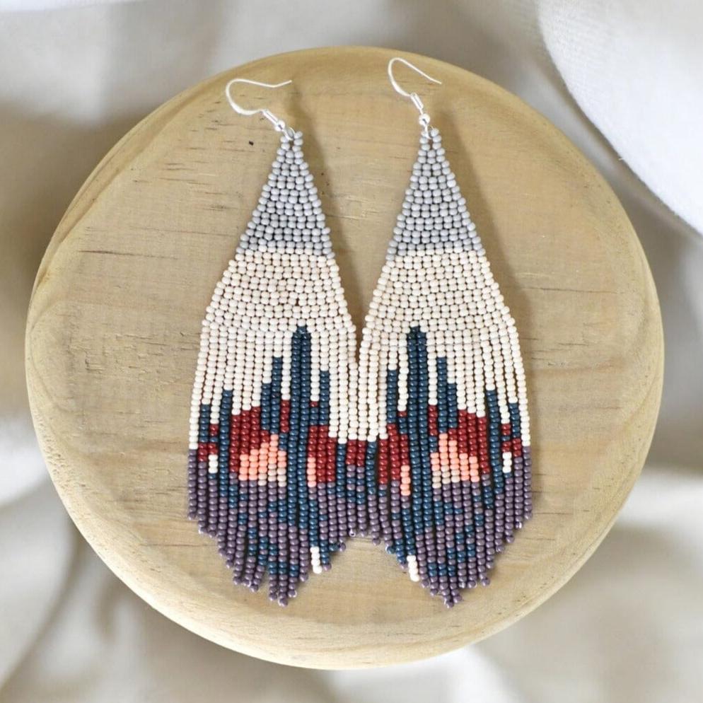 Rio Vista gray teal cactus fringe beaded earrings